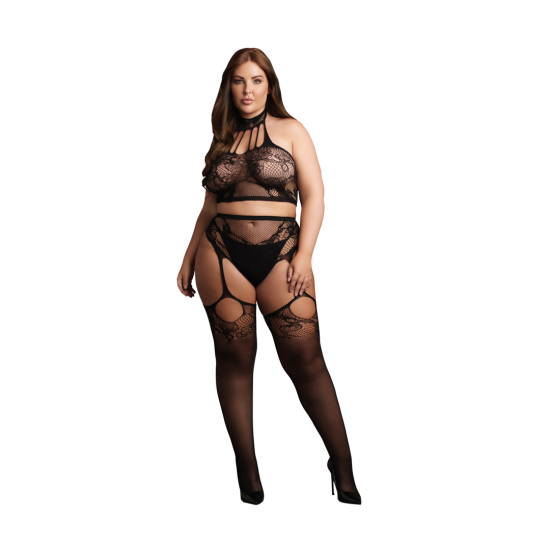 Dvoudílný set s halter rolákem a kalhotkami s připevněnými punčochami - OSX - černá