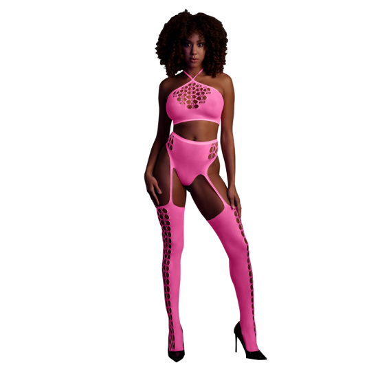 Dvoudílný set s crop topem a punčochami - Jedna velikost - Neonově růžová