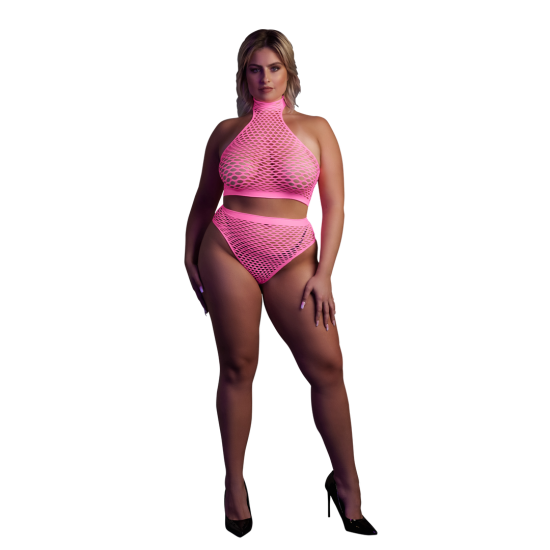 Roláček a kalhotky s vysokým pasem - Plus Size - Neonově růžová