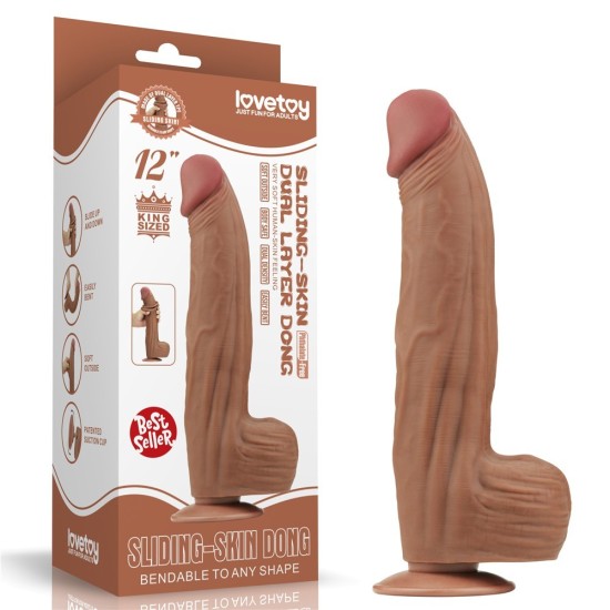 12'' King Sized Sliding Skin Dual Layer Dildo Hnědé